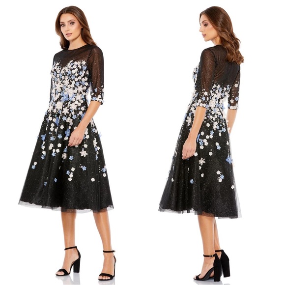 Mac Duggal 11161 Floral Embroidered A-Line Tea Length Cocktail Dress NWT Black